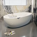 White Free standing Bathtub in Modern Bathroom with Marble Walls Mirror Window and Magazine