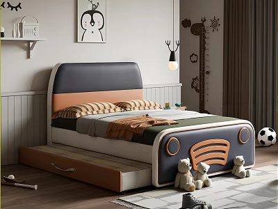 Modern Style Children's Bed With Storage Drawer Stuffed Bears Soccer Ball And Cartoon Decor 3d model
