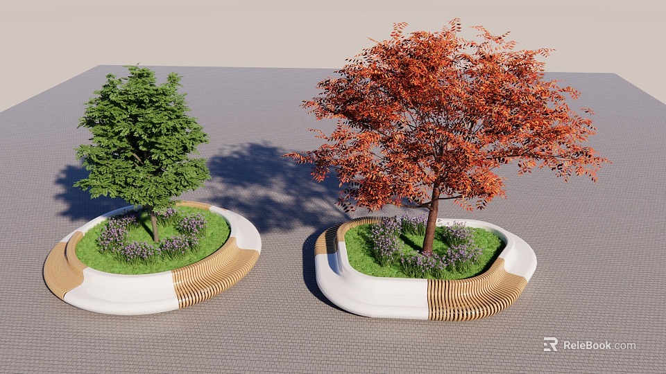 Circular Tree Planters With Green And Red Trees Purple Flowers And Wooden Edges 3d model 