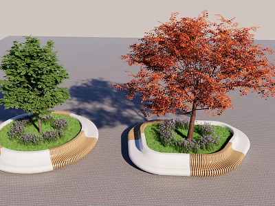Circular Tree Planters With Green And Red Trees Purple Flowers And Wooden Edges 3d model