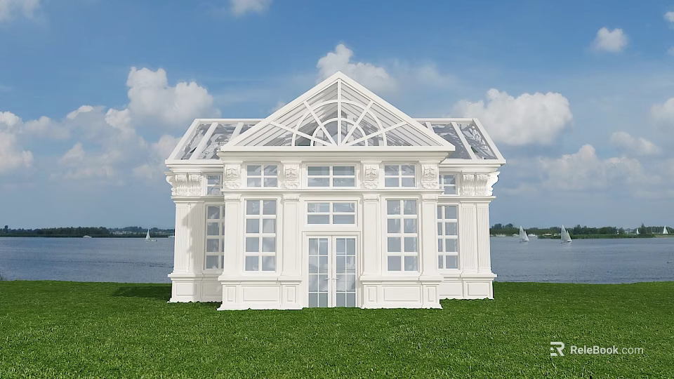 White Building With Glass Roof And Large Windows On Green Grass By Waterfront 3d model 