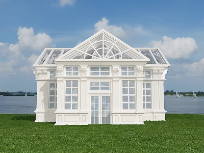 White Building With Glass Roof And Large Windows On Green Grass By Waterfront 3d model