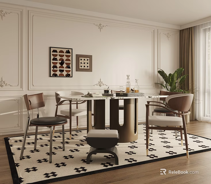 Elegant Restaurant Interior With White Walls Decorative Moldings Round Table Chairs Stool And Green Plant 3d model 