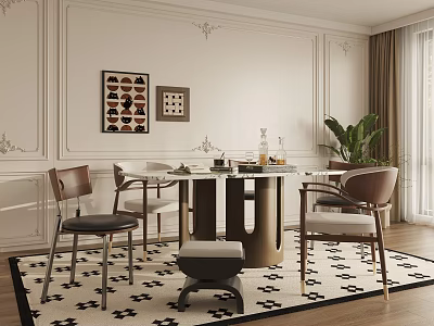 Elegant Restaurant Interior With White Walls Decorative Moldings Round Table Chairs Stool And Green Plant 3d model