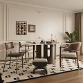 Elegant Restaurant Interior With White Walls Decorative Moldings Round Table Chairs Stool And Green Plant