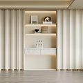 Modern Elegant Built-in Beige Bookcase With LED Lighting Decorative Items And Marble Countertop