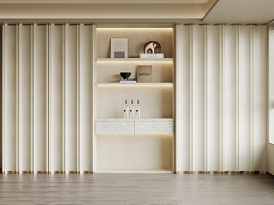 Modern Elegant Built-in Beige Bookcase With LED Lighting Decorative Items And Marble Countertop 3d model