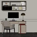 Modern Home Office Desk With Computer Monitor Table Lamp Bookshelf And Decorative Items