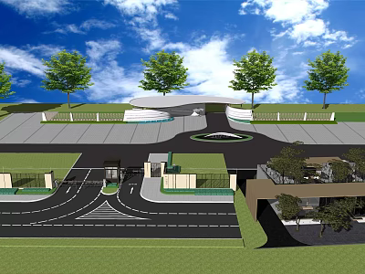 Modern Entrance Gate Design With Curved Driveway Landscaping And Green Trees 3d model