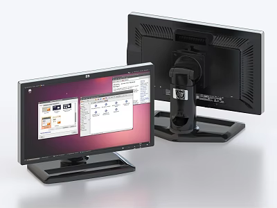 Two Computer Monitors With Front Screen Application Windows And Back Stand 3d model