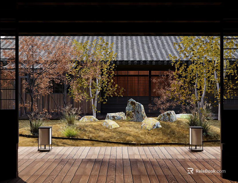 Traditional Japanese Courtyard Garden With Wooden Deck Stone Lanterns And Autumn Trees 3d model 