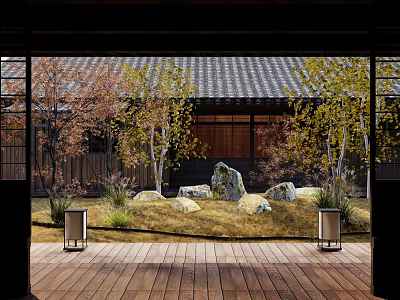 Traditional Japanese Courtyard Garden With Wooden Deck Stone Lanterns And Autumn Trees 3d model