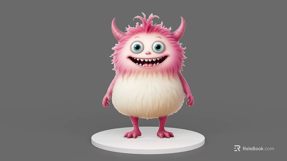 Pink Fluffy Monster Game Movie Character With Horns Big Eyes Sharp Teeth On White Base 3d model 