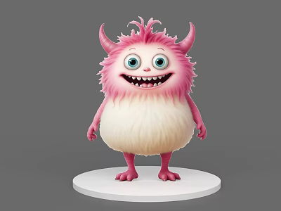 Pink Fluffy Monster Game Movie Character With Horns Big Eyes Sharp Teeth On White Base 3d model