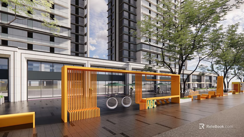 Modern Commercial Landscape With Tall Residential Buildings Orange Wooden Structure Bicycles Benches Trees And Paved Ground 3d model 