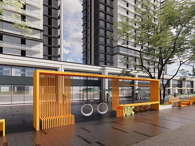 Modern Commercial Landscape With Tall Residential Buildings Orange Wooden Structure Bicycles Benches Trees And Paved Ground 3d model