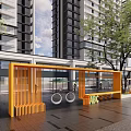 Modern Commercial Landscape With Tall Residential Buildings Orange Wooden Structure Bicycles Benches Trees And Paved Ground