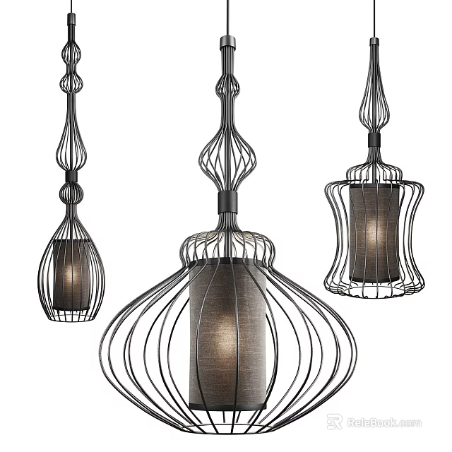 Modern Three Pendant Lights Featuring Metal Cage Like Structure And Dark Shade 3d model 