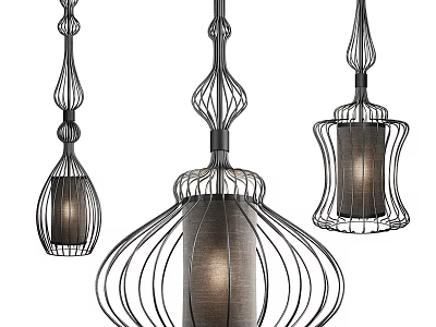 Modern Three Pendant Lights Featuring Metal Cage Like Structure And Dark Shade 3d model