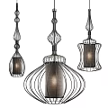 Modern Three Pendant Lights Featuring Metal Cage Like Structure And Dark Shade
