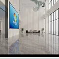 Modern Front Desk Reception Area With Large Screen Windows Logo Marble Flooring Sofa And Plants 3d model
