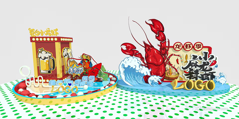 Red Spicy Crayfish Food Stall Setup With Beer Ice Cubes And Wave Decorations 3d model 
