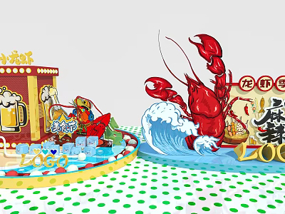 Red Spicy Crayfish Food Stall Setup With Beer Ice Cubes And Wave Decorations 3d model