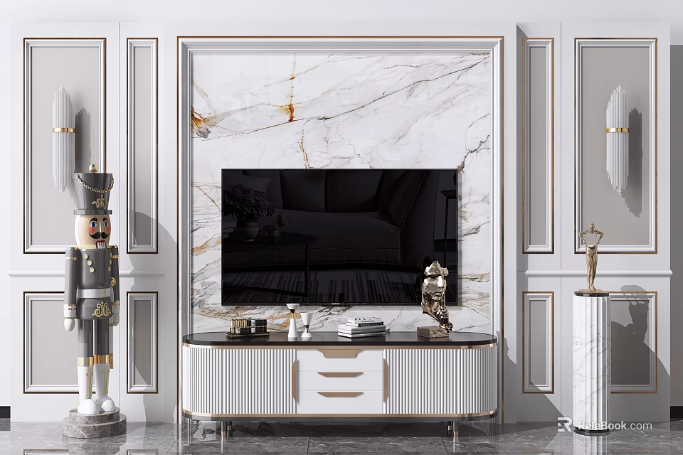 Elegant Modern TV Background Wall with Marble Surface Framed Design TV Stand and Ornaments 3d model 