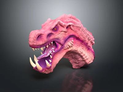 Pink Purple Dragon Head 3D Model with Sharp Teeth Open Mouth and Yellow Eyes 3d model