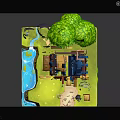 Cute Cartoon House Exterior With Blue Roof Chimney Small Stream Green Grass Trees And Bushes