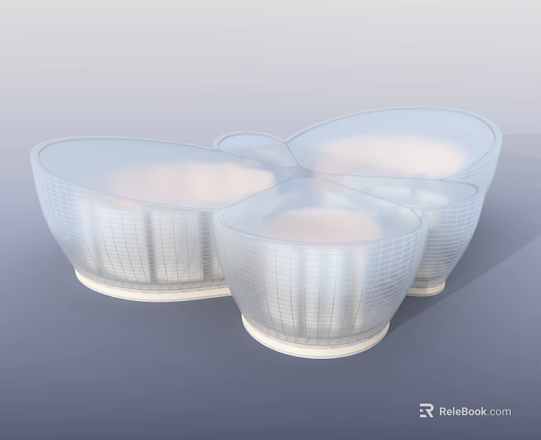 Modern Unique Cultural Center Building With Bowl Shaped Transparent Grid Structures 3d model 