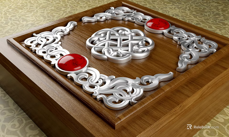 Intricate Silver Carving Art on Wooden Tray with Red Gemstones and Chinese Knot Design 3d model 