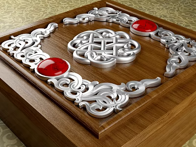 Intricate Silver Carving Art on Wooden Tray with Red Gemstones and Chinese Knot Design 3d model