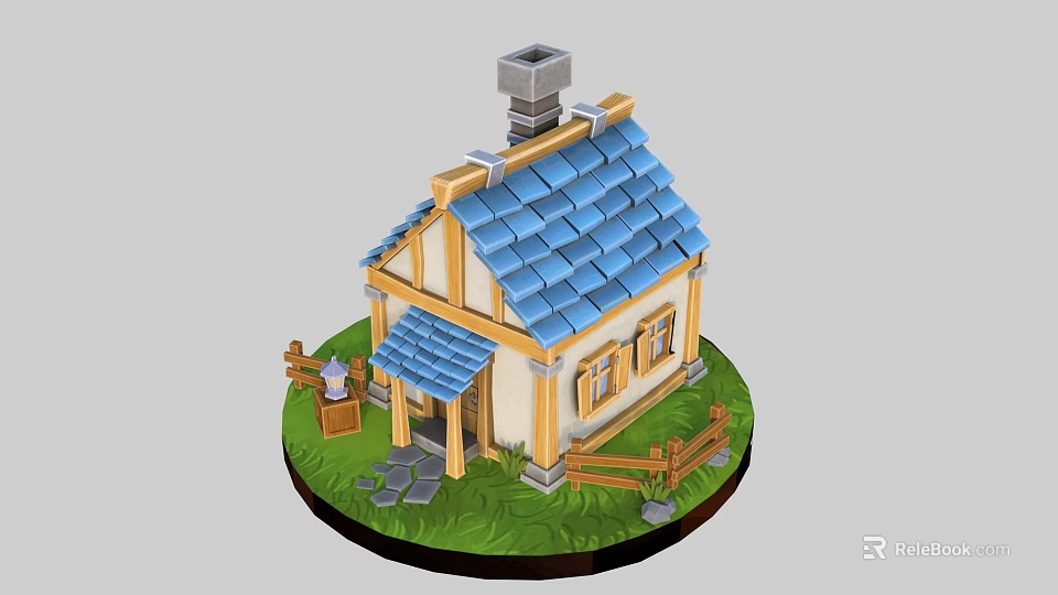 Cartoon Cottage Scene With Blue Roof Yellow Frame Chimney Wooden Fence And Green Grass 3d model 