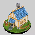 Cartoon Cottage Scene With Blue Roof Yellow Frame Chimney Wooden Fence And Green Grass
