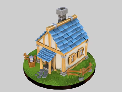 Cartoon Cottage Scene With Blue Roof Yellow Frame Chimney Wooden Fence And Green Grass 3d model