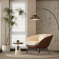 Casual Single Sofa Coffee Table Soft Bag Sofa Lazy Sofa Round Carpet Fishing Floor Lamp Venetian Curtain Green Plant Potted Plant 3d model