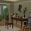 Retro Solid Wood Writing Desk With Decorative Green Plants And Warm Comfortable Home Study Setup