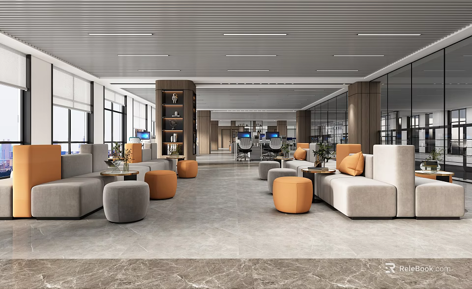 Modern Public Office Area Design With Comfortable Sofas Orange Seats And Green Plants 3d model 