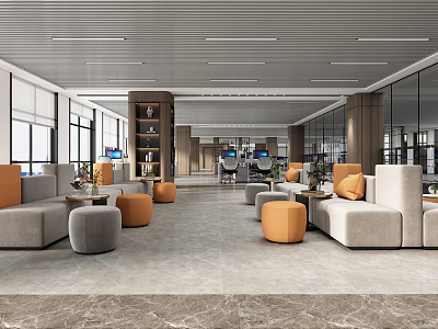 Modern Public Office Area Design With Comfortable Sofas Orange Seats And Green Plants 3d model