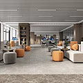 Modern Public Office Area Design With Comfortable Sofas Orange Seats And Green Plants