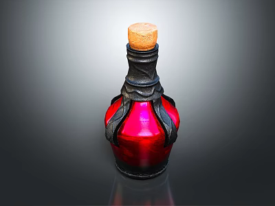 Red Glass Bottle With Cork Stopper And Black Leather Detailing 3d model