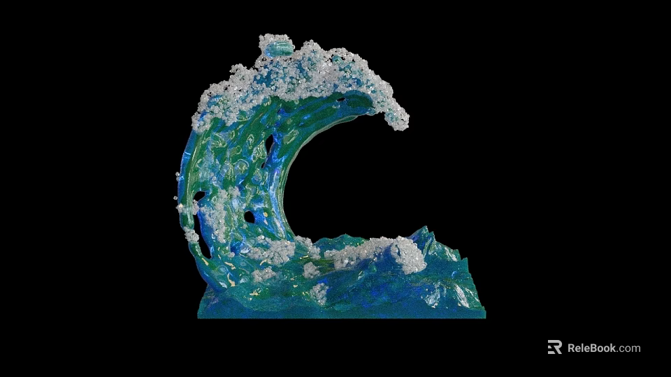 Artistic Blue And Green Wave Shaped Sculpture With White Foam And Base 3d model 