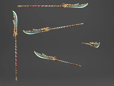 Cartoon Scene Featuring Ornate Polearm Weapons With Golden Decorations Colorful Stripes And Curved Blades 3d model