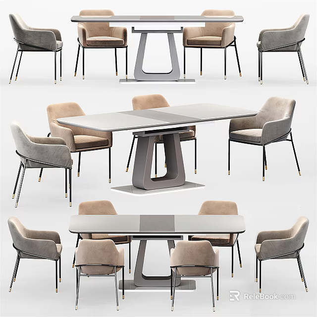 Elegant Modern Dining Table Set With Gray Fabric Chairs And Marble Top Design 3d model
