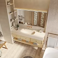 Modern Bathroom Vanity With Double Sink Wooden Cabinet And Mirror Shelves