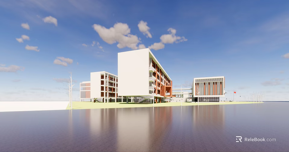 Modern School Buildings With White And Orange Exteriors Water Reflection Blue Sky White Clouds 3d model 