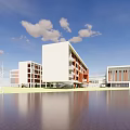 Modern School Buildings With White And Orange Exteriors Water Reflection Blue Sky White Clouds