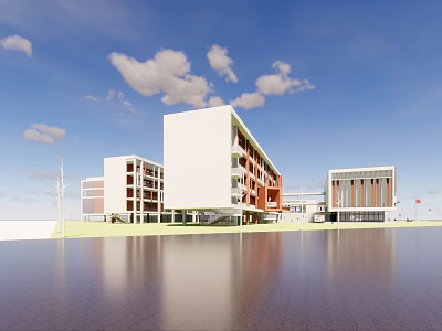 Modern School Buildings With White And Orange Exteriors Water Reflection Blue Sky White Clouds 3d model