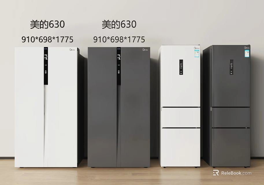 Midea 630 Refrigerators White Gray Double Two Door Models with 910x698x1775 Dimensions 3d model 